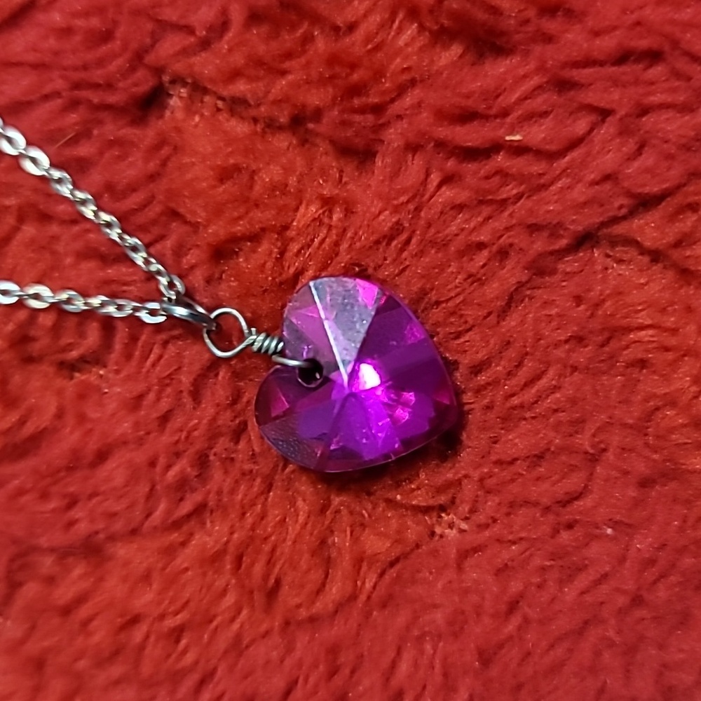 Deep Pink Beaded Heart Chain Necklace.